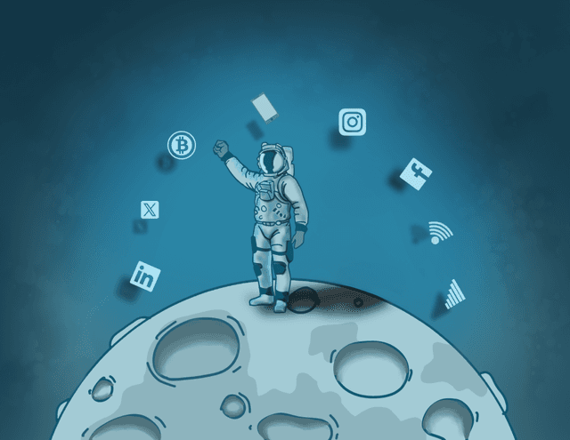 Astronaut on the moon with social media icons