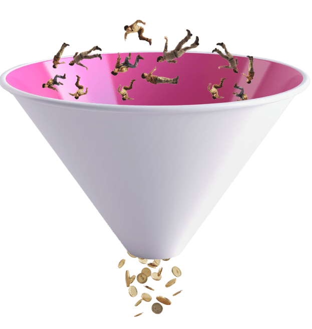 Marketing funnel with people falling in and money coming out