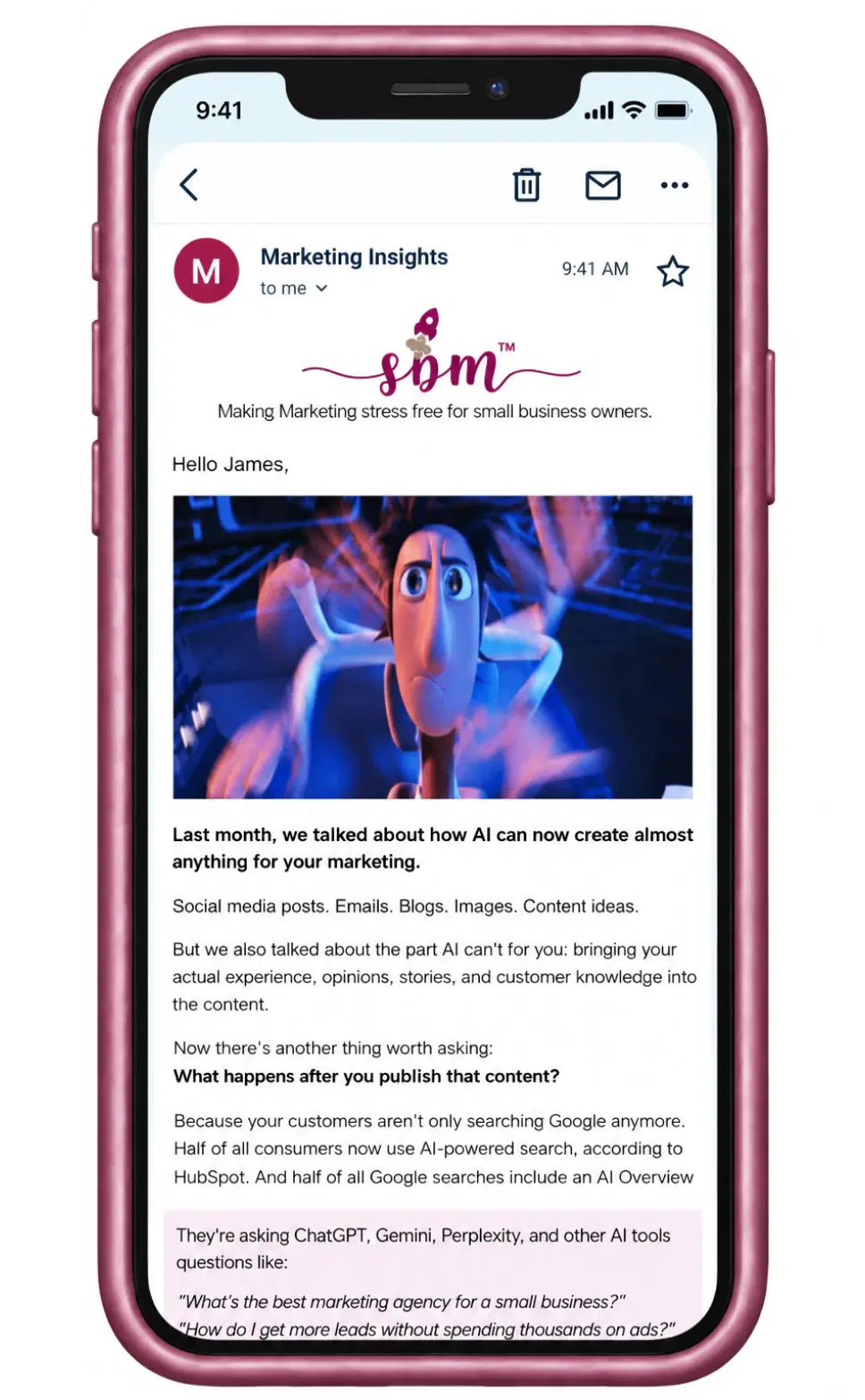 Marketing Insights email view on a smartphone mockup