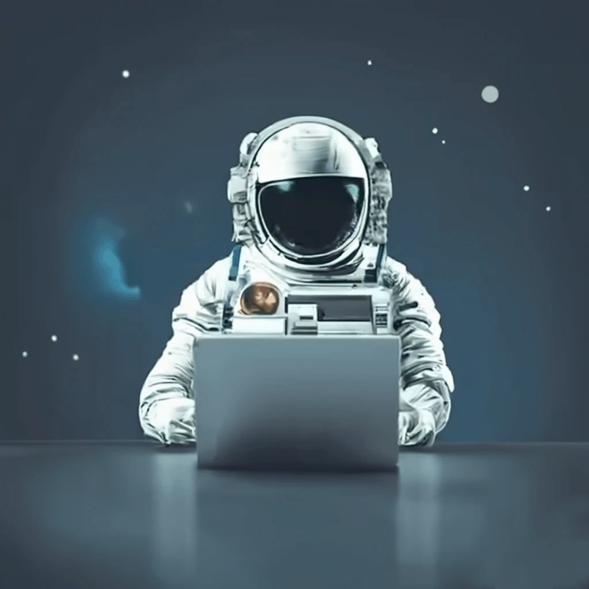 Astronaut working on laptop in space