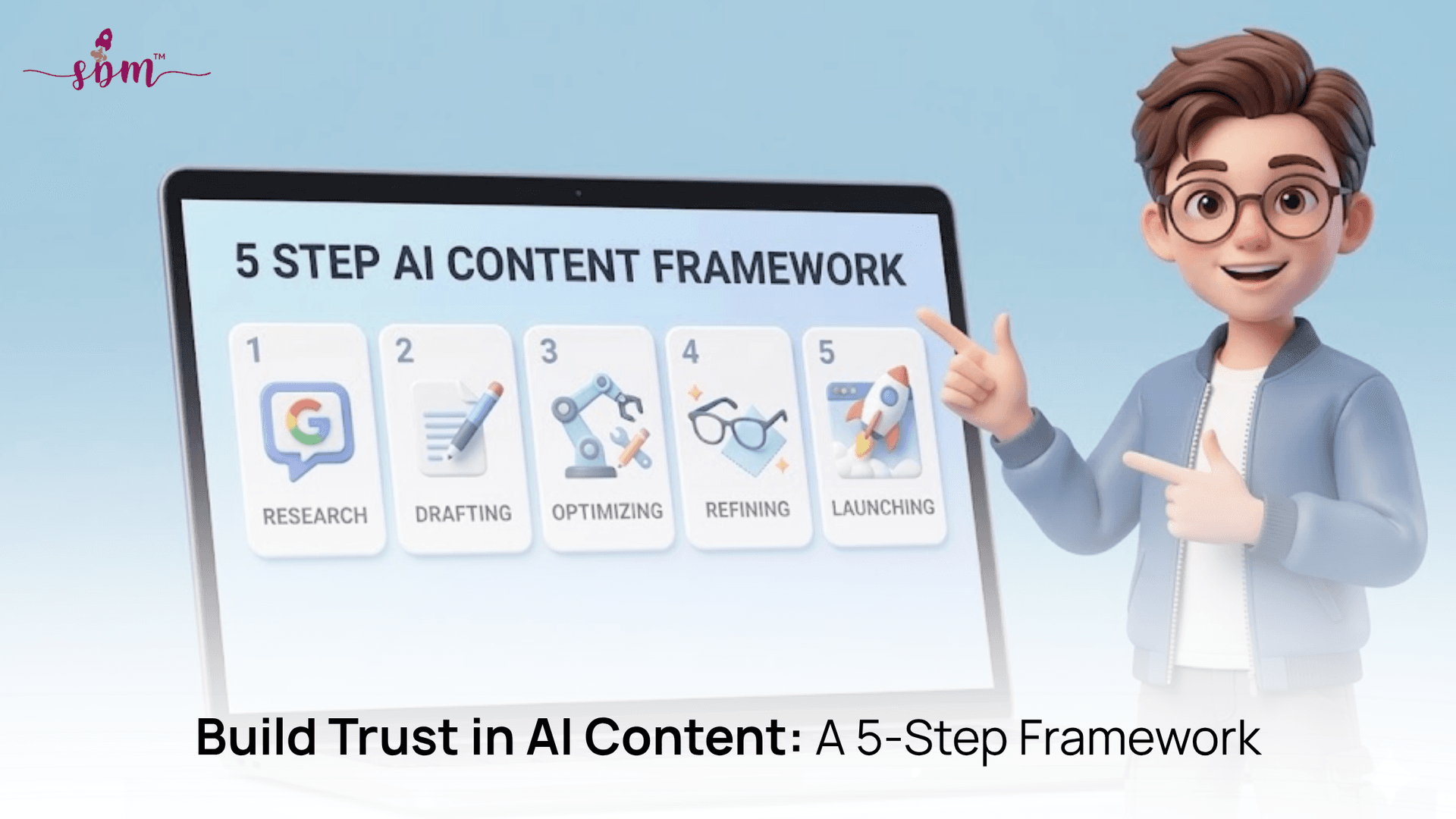 Build Trustworthy AI Content (5-Pillar Framework) Illustration showing a 5-pillar framework for creating trustworthy AI content, highlighting accuracy, transparency, relevance, ethics, and human oversight.