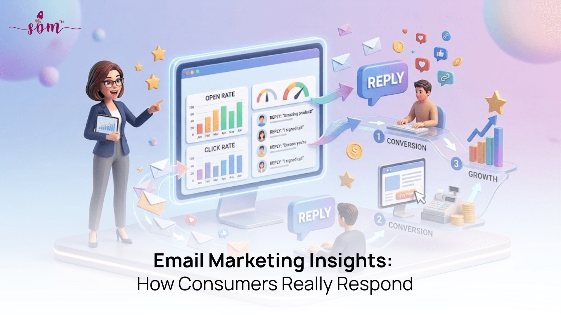 How Consumers Really Respond to Emails in 2026 A small business owner analyzing email marketing results on a laptop with open emails, click rates, and customer engagement charts displayed on screen.
