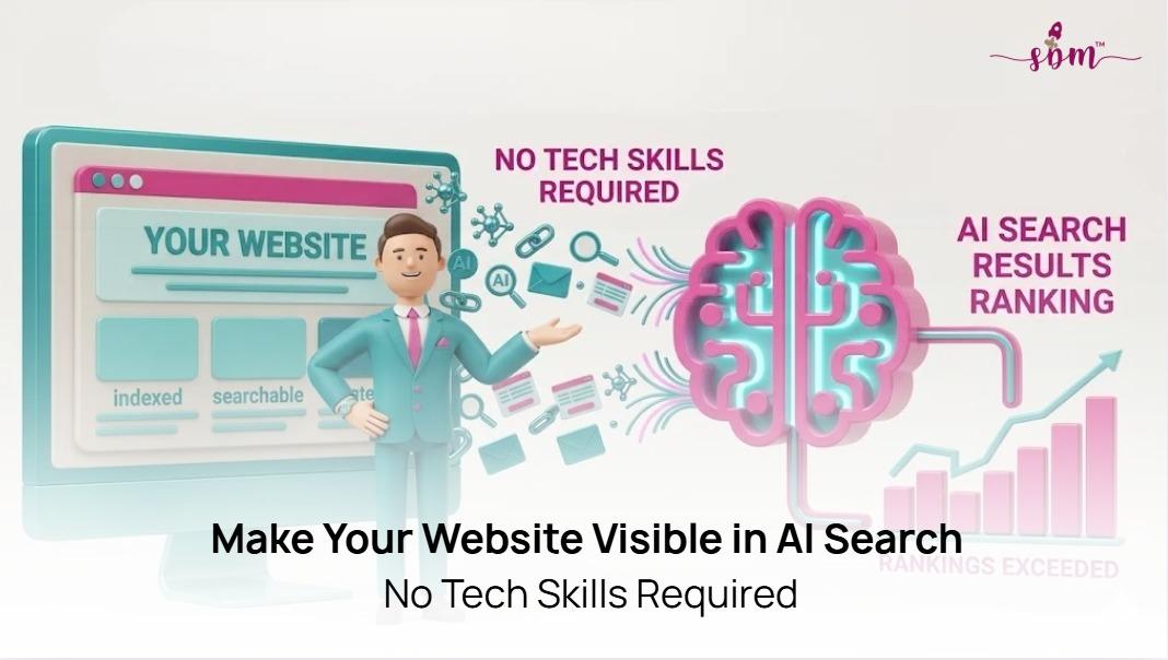 How to Make Your Website AI-Friendly in 2026 llustration showing AI search tools analyzing a website with SEO optimization, AI Overviews, content structure, and search visibility concepts for 2026.