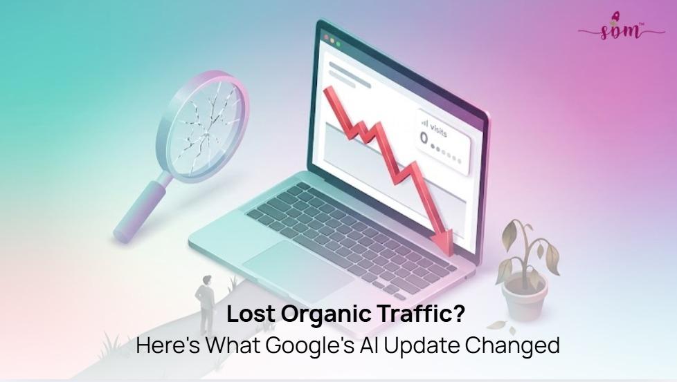 Why Did My Organic Traffic Drop After Google's AI Overview Update in 2026? Illustration showing the impact of Google's AI Overview update on organic website traffic, highlighting declining clicks and AI-powered search results in 2026.