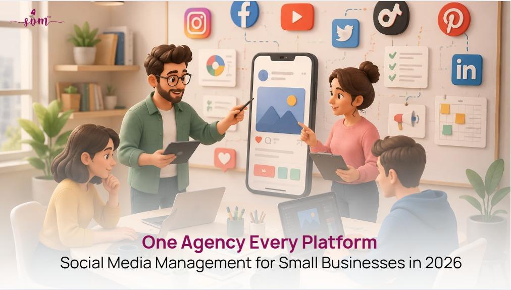 One Agency. Every Platform. Smarter Social Media in 2026 A business owner managing multiple social media platforms from one dashboard, representing consolidated social media management with a single agency for consistent branding and improved marketing performance in 2026.