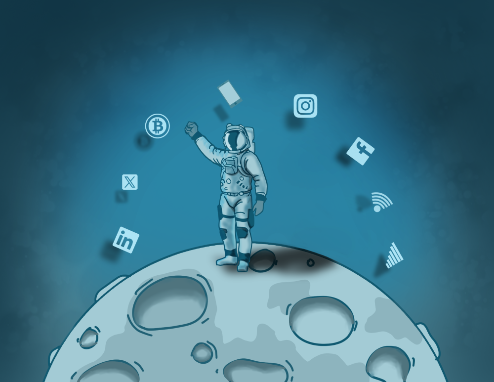 Astronaut on the moon with social media icons