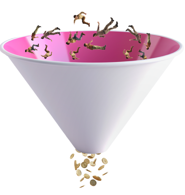 Marketing funnel with people falling in and money coming out